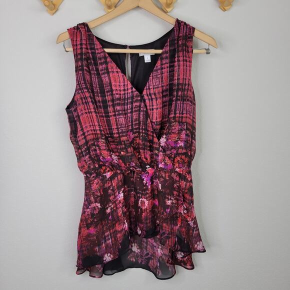 Bisou Bisou Pink Floral Plaid Peplum Blouse Top Size Small - Picture 6 of 9